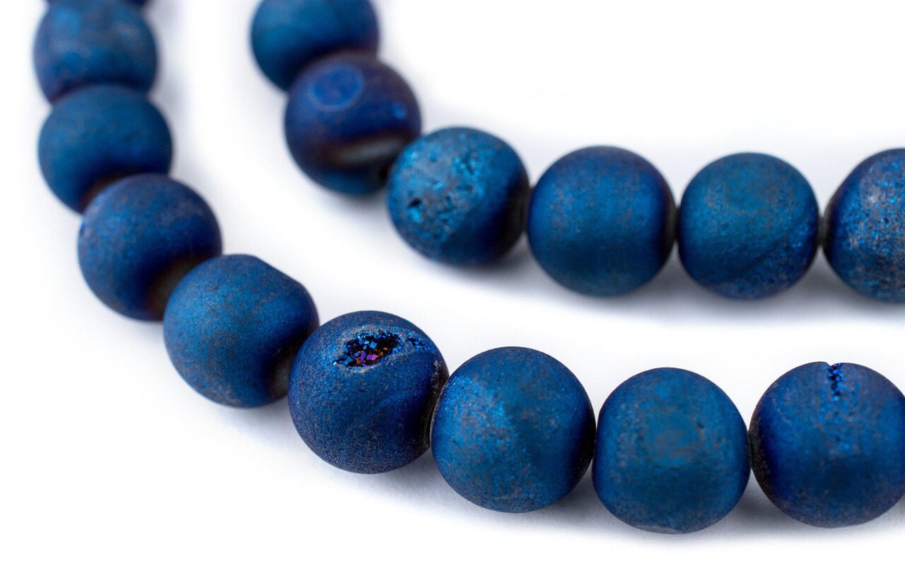 The Bead Chest Blue Round Druzy Agate Beads (12mm): Organic Gemstone Round Spherical Energy Stone Healing Power Crystal for Jewelry Bracelet Mala Necklace Making